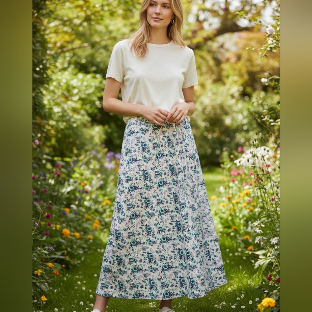 Garnet Hill 100% Silk Cottagecore Floral Pull-On Midi Skirt Lined Size 12